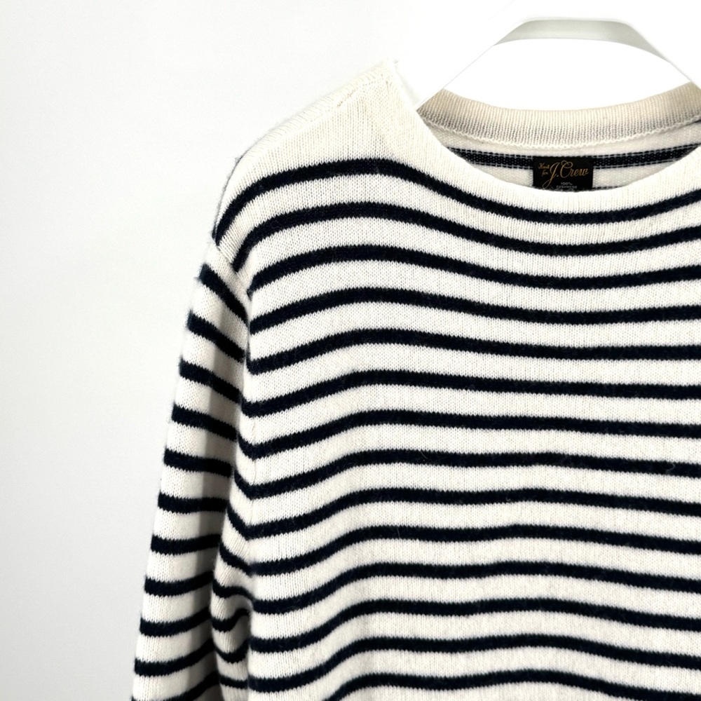 J. Crew Men’s Midweight Cashmere Boatneck Sweater Cream Navy Striped Size L - Picture 2 of 11